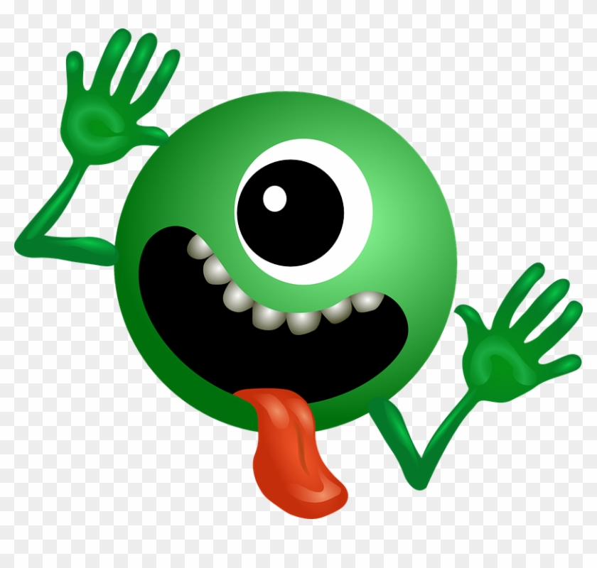 Green one-eyed cartoon monster waving with both hands and sticking out its tongue.