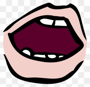 Cartoon illustration of an open mouth with visible teeth and tongue, stylized in bold lines and flat colors.