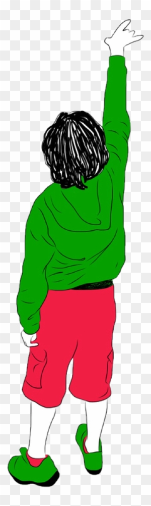 Back view of a child in green hoodie and red shorts raising hand high, cartoon-style illustration.