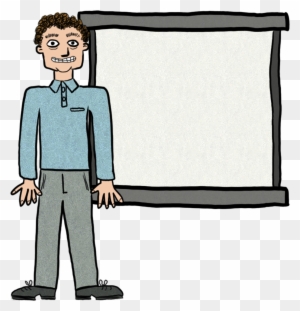 A smiling man in a light blue shirt and gray pants stands beside a blank whiteboard, ready to present or teach.