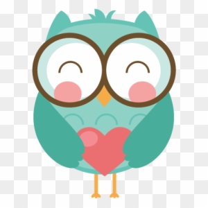 Cute teal owl with round glasses holding a red heart, smiling warmly.