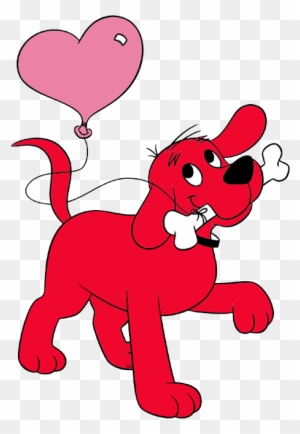 Red cartoon dog holding a bone and a pink heart-shaped balloon, smiling playfully.