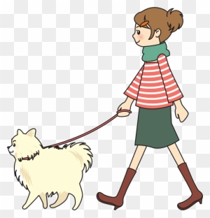 Young woman walking a fluffy white Pomeranian dog on a leash, wearing striped sweater and green skirt.