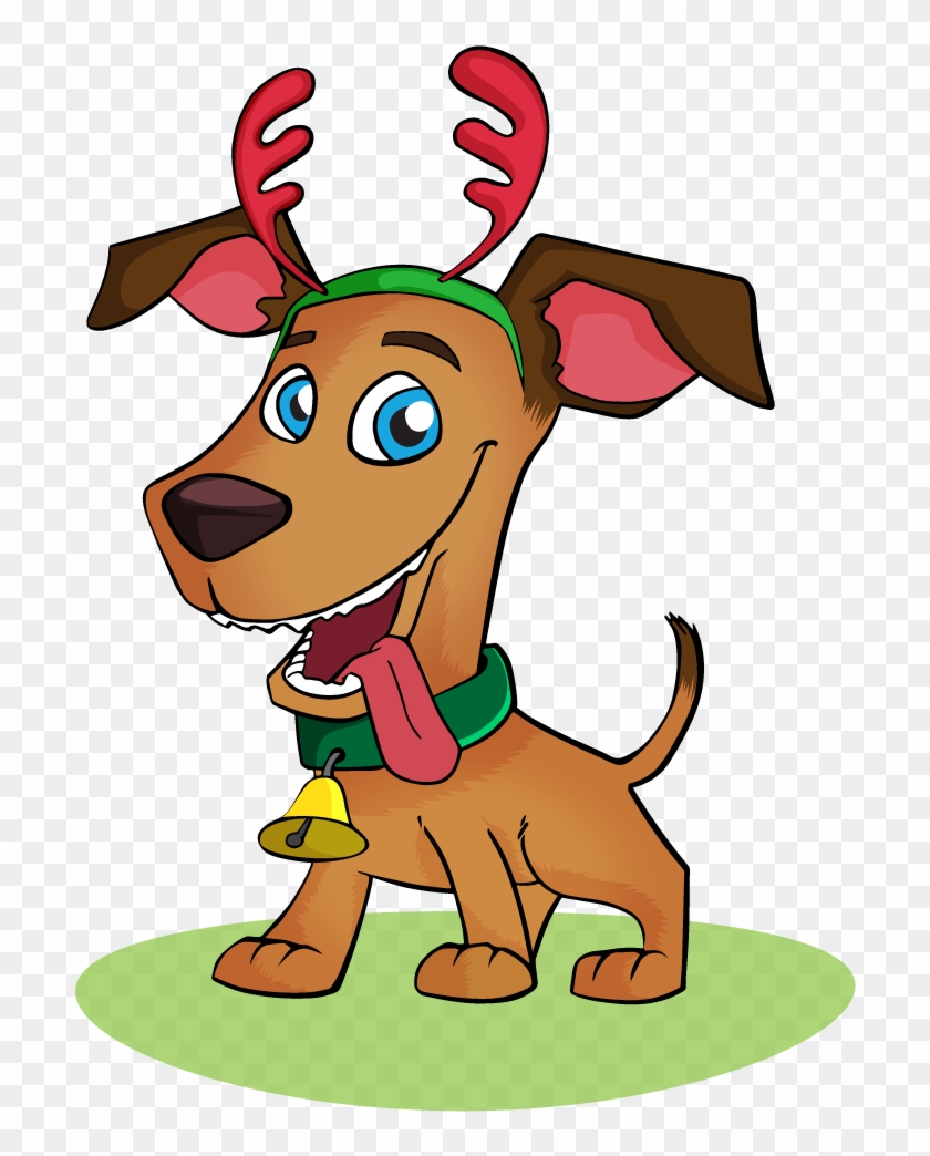Cheerful cartoon dog wearing red reindeer antlers, green collar with bell, and sticking out tongue on festive background.