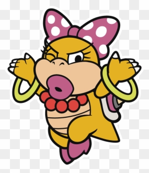 Wendy O. Koopa, a yellow koopa with pink bow, red beads, and green rings, striking a confident pose.