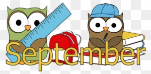 Two cartoon owls with school supplies and the word "September" in bold yellow font, symbolizing back-to-school season.