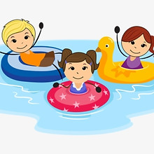 Three smiling children floating in colorful inflatable rings in a pool-blue, pink star-patterned, and yellow duck-shaped.