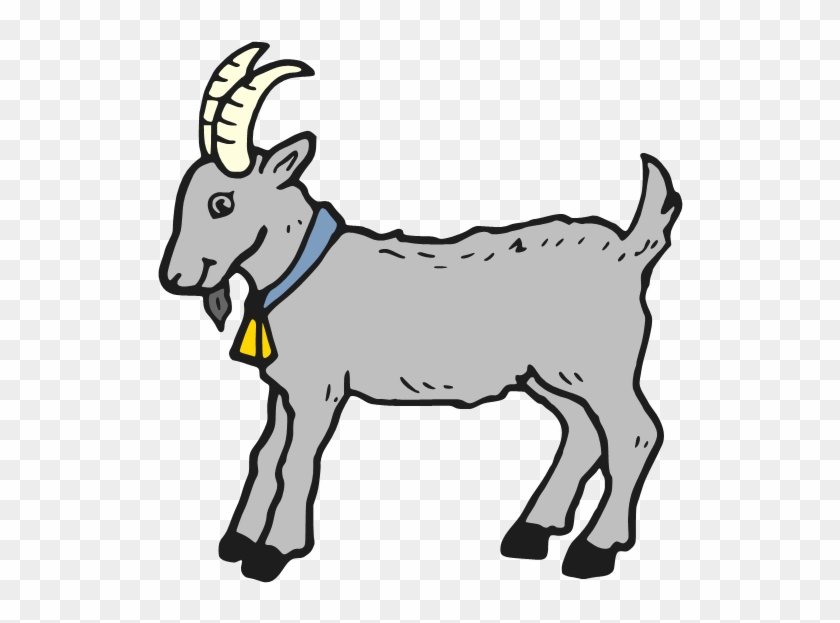 Gray cartoon goat with curved horns, blue collar, and yellow bell standing sideways on transparent background.