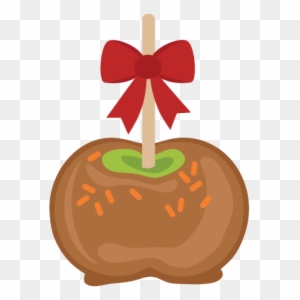 A cartoon-style caramel apple on a stick, topped with a red bow and orange sprinkles.