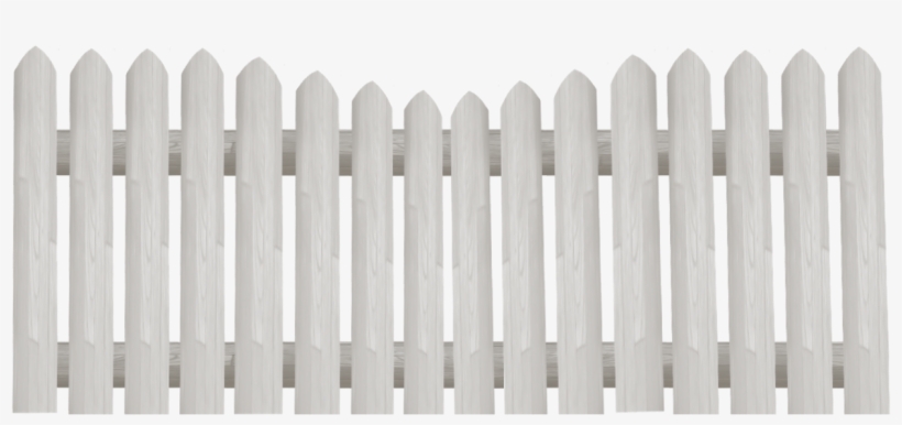 White wooden picket fence with pointed tops and two horizontal rails, clean and minimalist design.