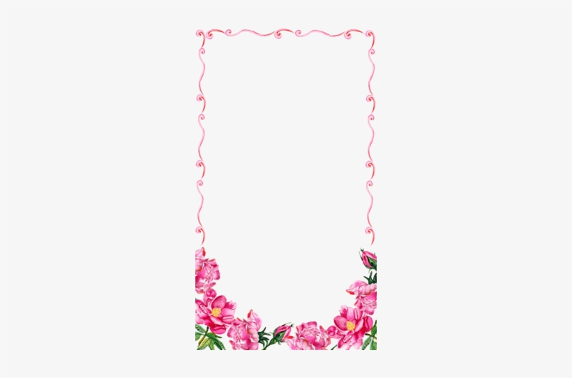 Pink floral border with swirling frame and peony blossoms at bottom corner.