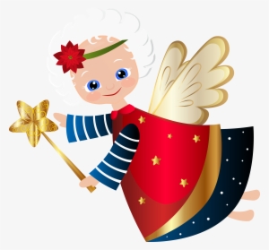 Cheerful cartoon angel with white hair, red flower, striped sleeves, golden wings, and star-tipped wand.