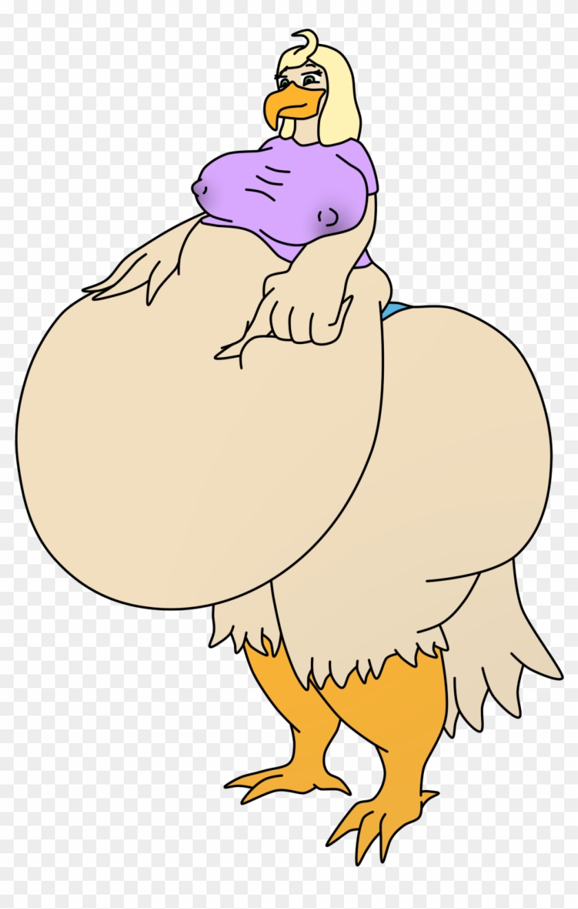 A cartoon anthropomorphic eagle with blonde hair, wearing a purple shirt, perched atop an exaggeratedly large, round-bodied bird-like figure.
