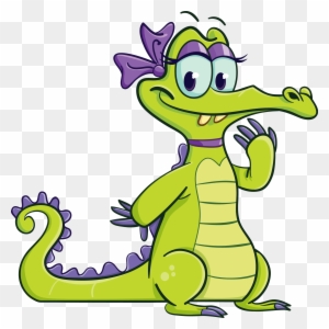 Friendly green cartoon alligator with purple bow, waving cheerfully.