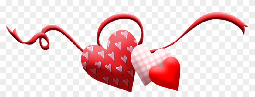 Decorative red hearts with patterned designs and flowing ribbons on transparent background.