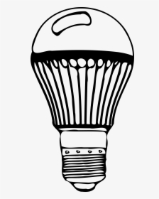 Hand-drawn line art of a modern LED light bulb with ribbed glass and screw base.