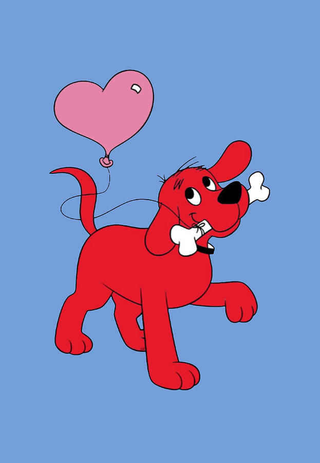 A cheerful red cartoon dog holding a bone and a pink heart-shaped balloon against a blue background.