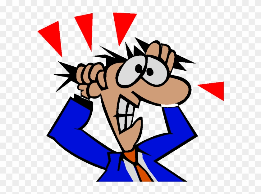 Stressed cartoon businessman pulling hair with red warning triangles around head.