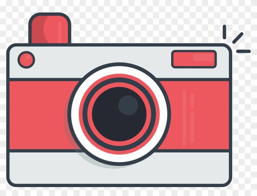 Red and gray vintage-style camera icon with flash effect on transparent background.