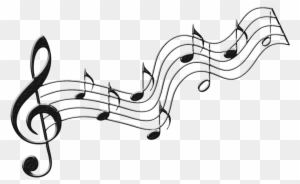 Black-and-white musical staff with treble clef and flowing notes on transparent background.