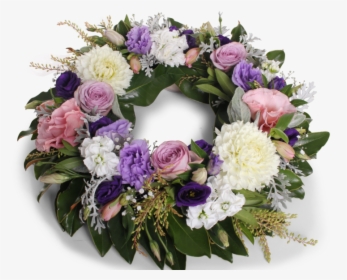 Elegant floral wreath with pink, purple, white blooms and green foliage, suitable for memorial or sympathy occasions.