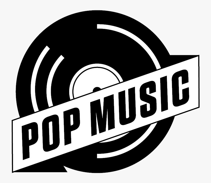 Black and white logo featuring a vinyl record with "POP MUSIC" in bold diagonal text across it.