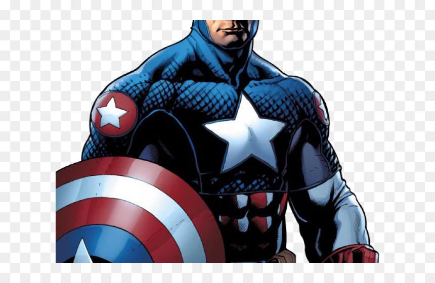 Captain America in classic blue suit with star emblem, holding iconic red-white-blue shield.