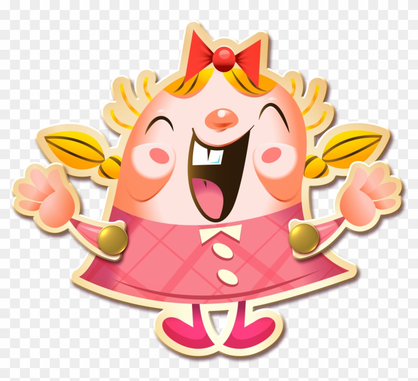 Joyful cartoon girl with pink dress, red bow, and open-mouthed smile, arms raised in excitement.