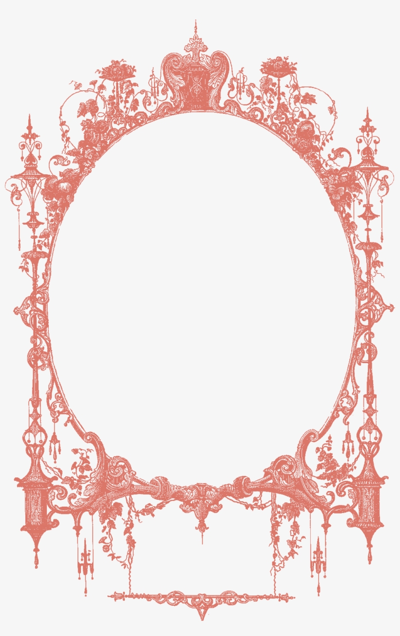 Ornate coral-colored Victorian-style oval frame with floral, vine, and lantern motifs, intricate scrollwork, and symmetrical detailing.