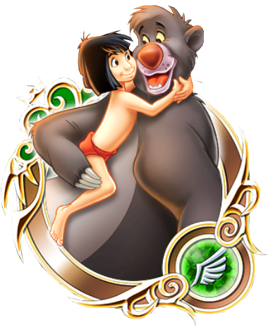 Mowgli hugging Baloo the bear in a decorative ornamental frame with green and gold accents.