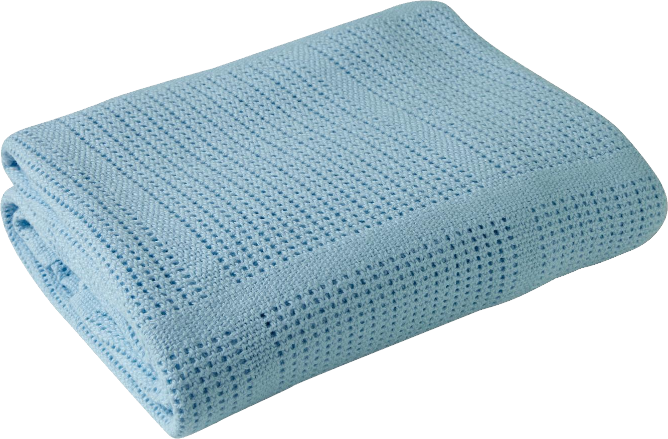 Light blue knitted baby blanket with breathable openwork pattern, neatly folded on black background.