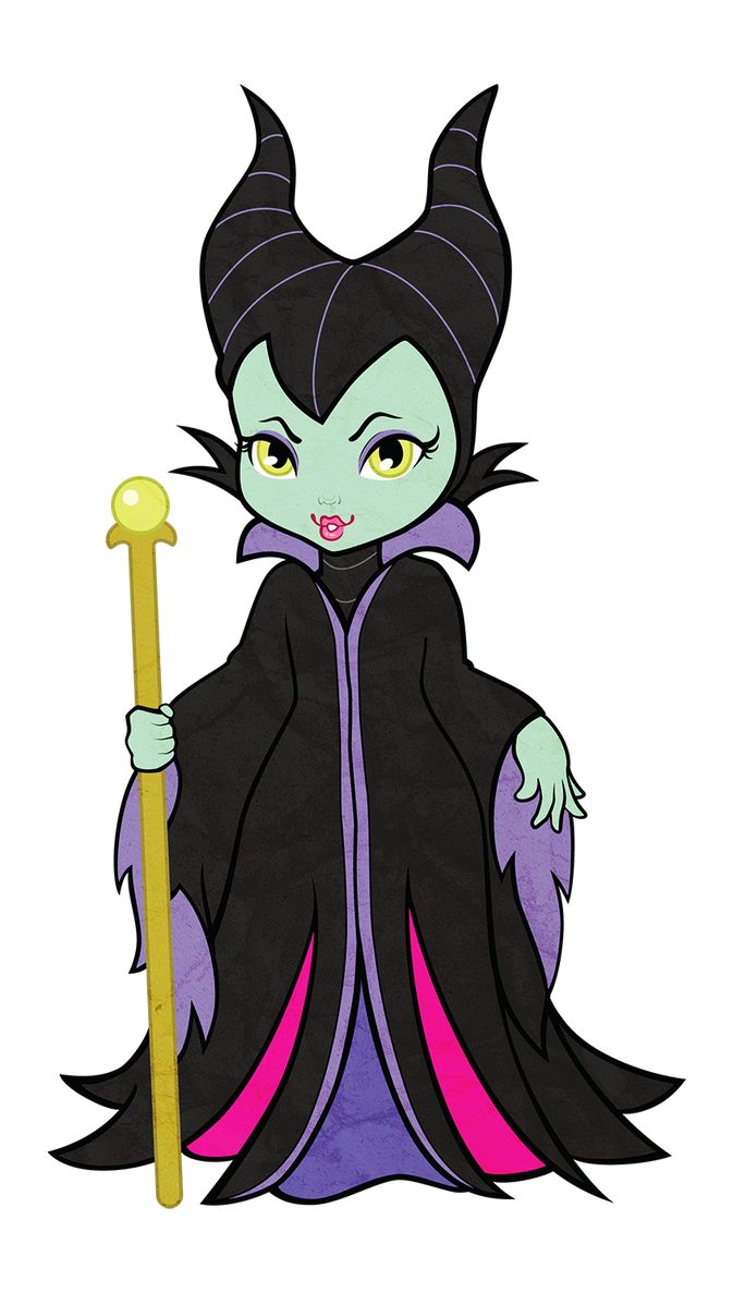 Chibi-style Maleficent with green skin, black horns, purple-lined cloak, and golden staff.