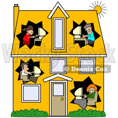 Four people working remotely from different rooms of a yellow house, each at a computer under star-shaped windows.