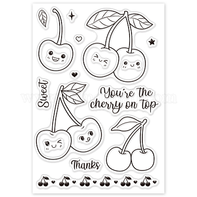 Cute kawaii cherry stamp set with smiling faces, leaves, hearts, and phrases like "You're the cherry on top" and "Thanks".