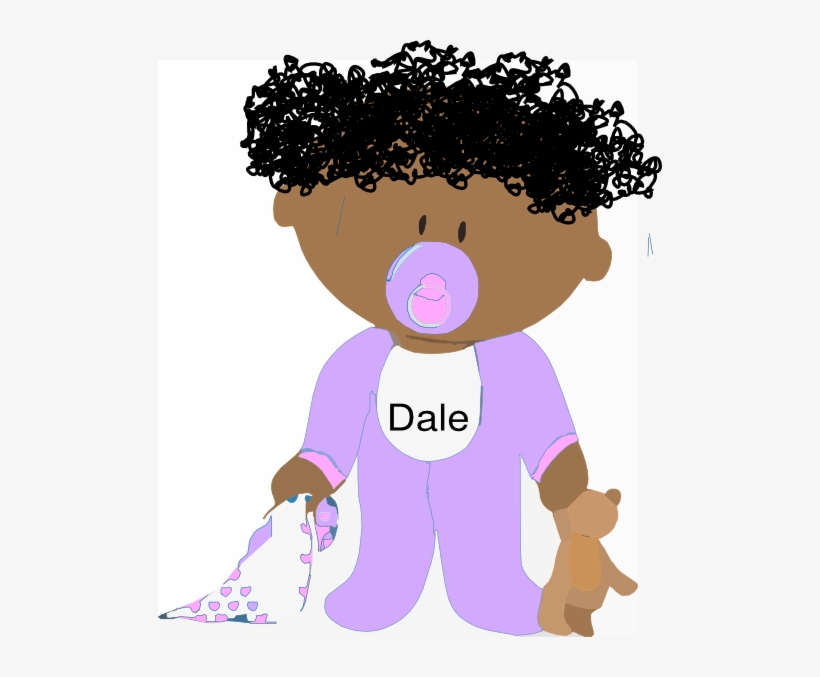 Cartoon baby named Dale with curly black hair, purple onesie, pacifier, teddy bear, and blanket.