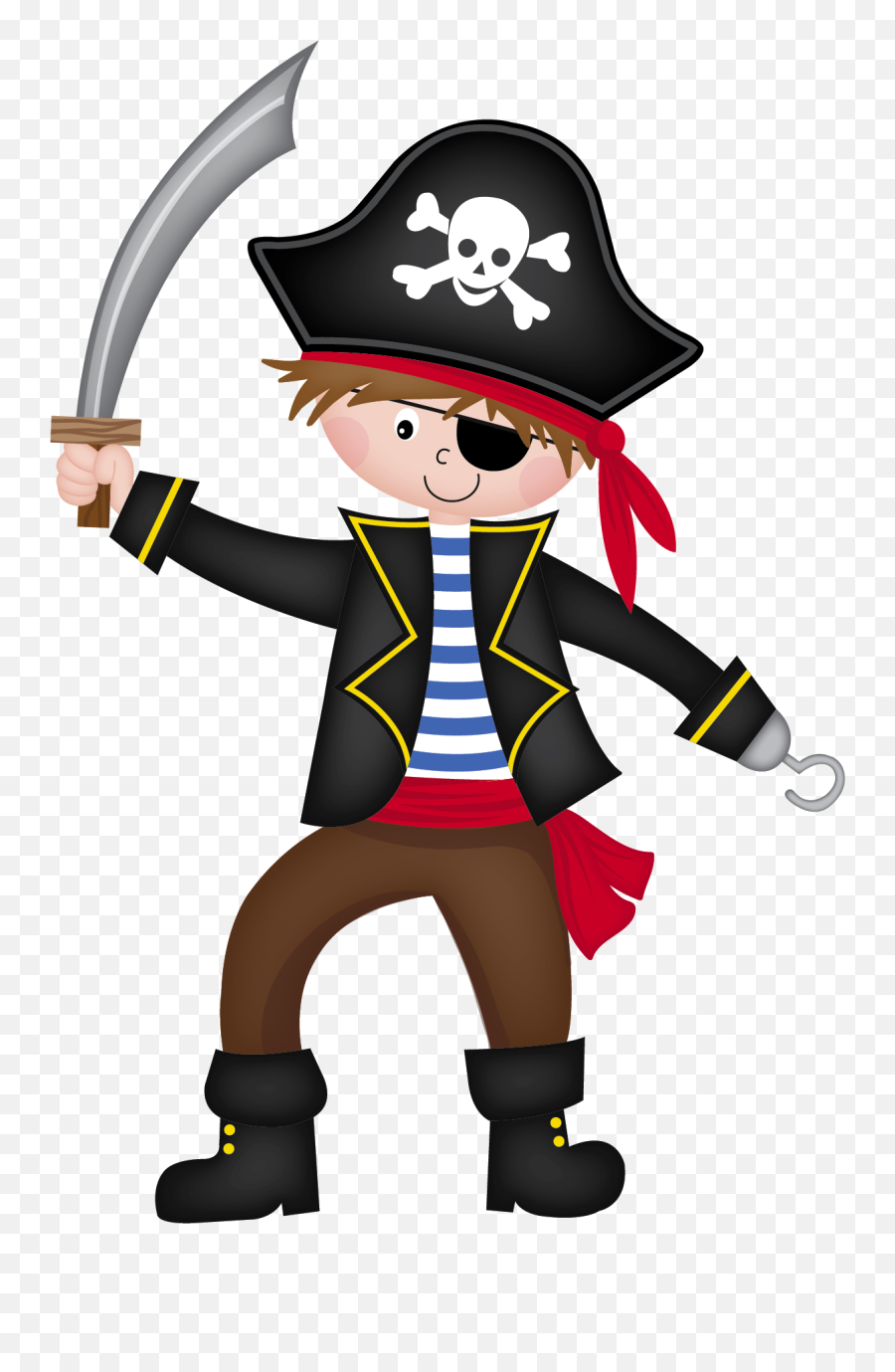 Cartoon pirate boy with eye patch, hook hand, and cutlass, wearing tricorn hat and striped shirt.