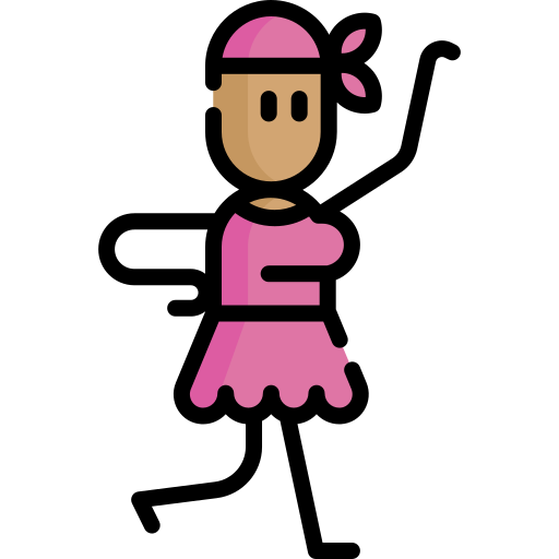 Stylized cartoon girl with pink headband, simple face, and pink dress on black background.