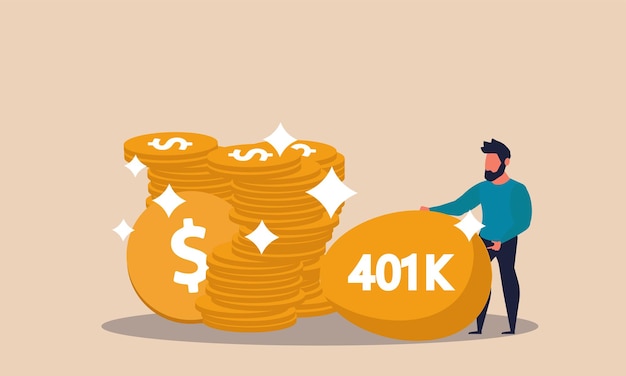Man pushing a large 401K coin beside stacks of golden dollar coins, symbolizing retirement savings growth.