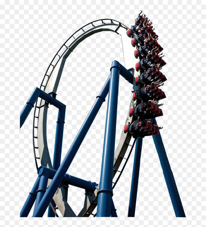 A red and black roller coaster train ascending a steep blue steel track with a vertical loop in the background.