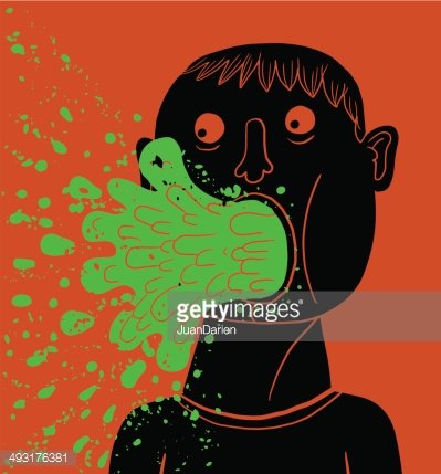 A stylized illustration of a person vomiting green liquid against an orange background.