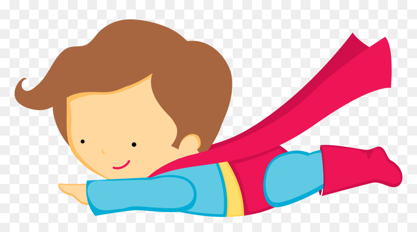 Smiling cartoon boy in blue suit and red cape flying heroically with arms outstretched.