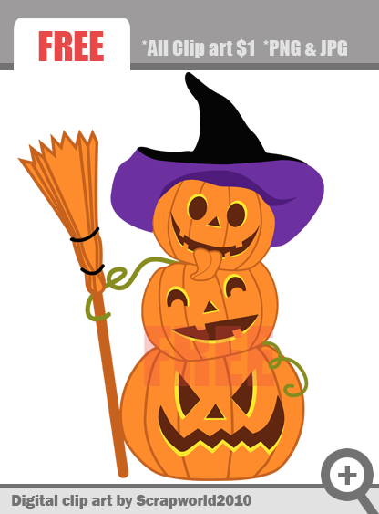 Free Halloween Pumpkin Stack Clip Art - Witch Hat & Broom Design
