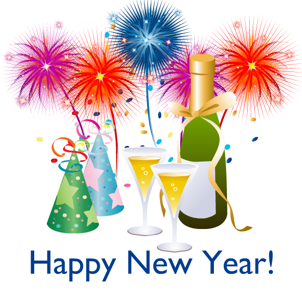 Festive New Year celebration with fireworks, champagne bottle, two filled glasses, party hats, and confetti.