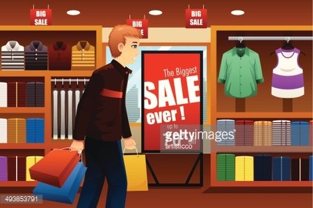 A man carrying shopping bags walks past a clothing store with "The Biggest SALE ever!" sign and "BIG SALE" banners.