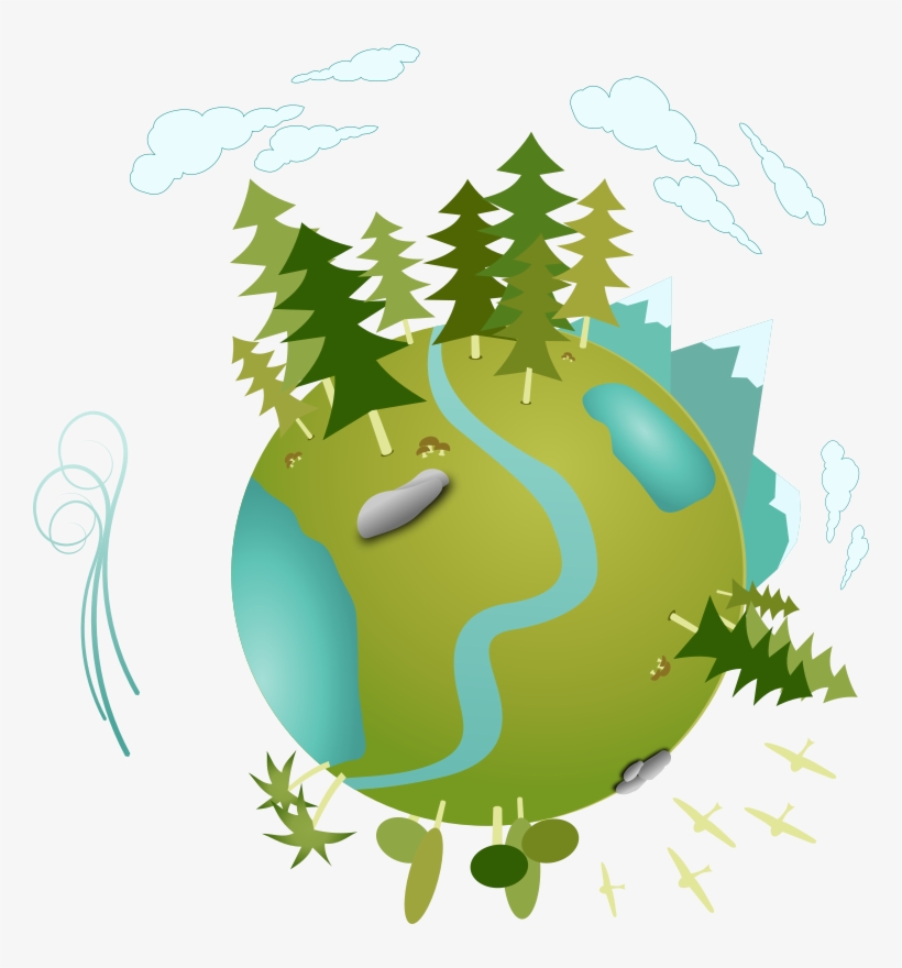 A stylized green Earth with forests, rivers, mountains, clouds, and flying birds, symbolizing environmental harmony.