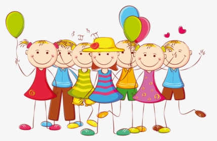 Cheerful cartoon children holding balloons and smiling together in a group hug.