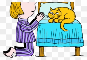 A child in striped pajamas kneels beside a bed, praying with hands clasped, while a yellow cat rests on the blue-covered bed.