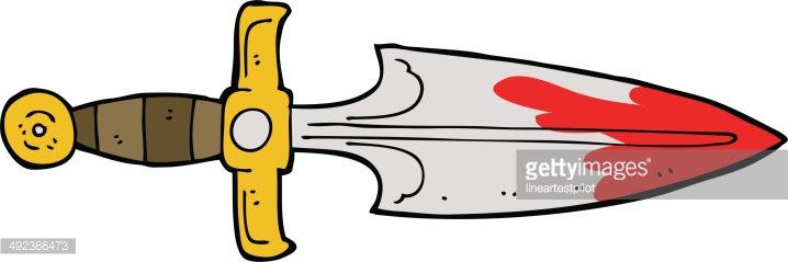 Cartoon-style dagger with gold hilt, brown grip, and red bloodstain on silver blade.