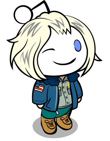 Chibi-style character with blonde hair, one blue eye, winking, wearing a blue jacket with patches and brown boots.