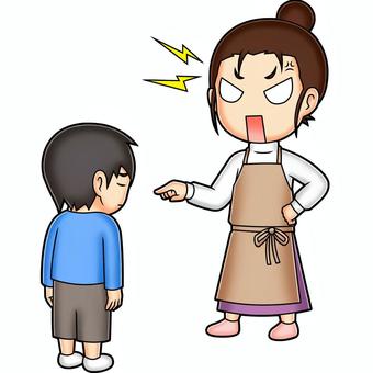 Angry mother scolding a低头 boy in a domestic setting, cartoon illustration.